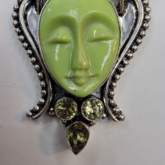 Sterling Silver Pendant with Green Carved Face and Lemon Quartz Accents - Picture 8 of 13